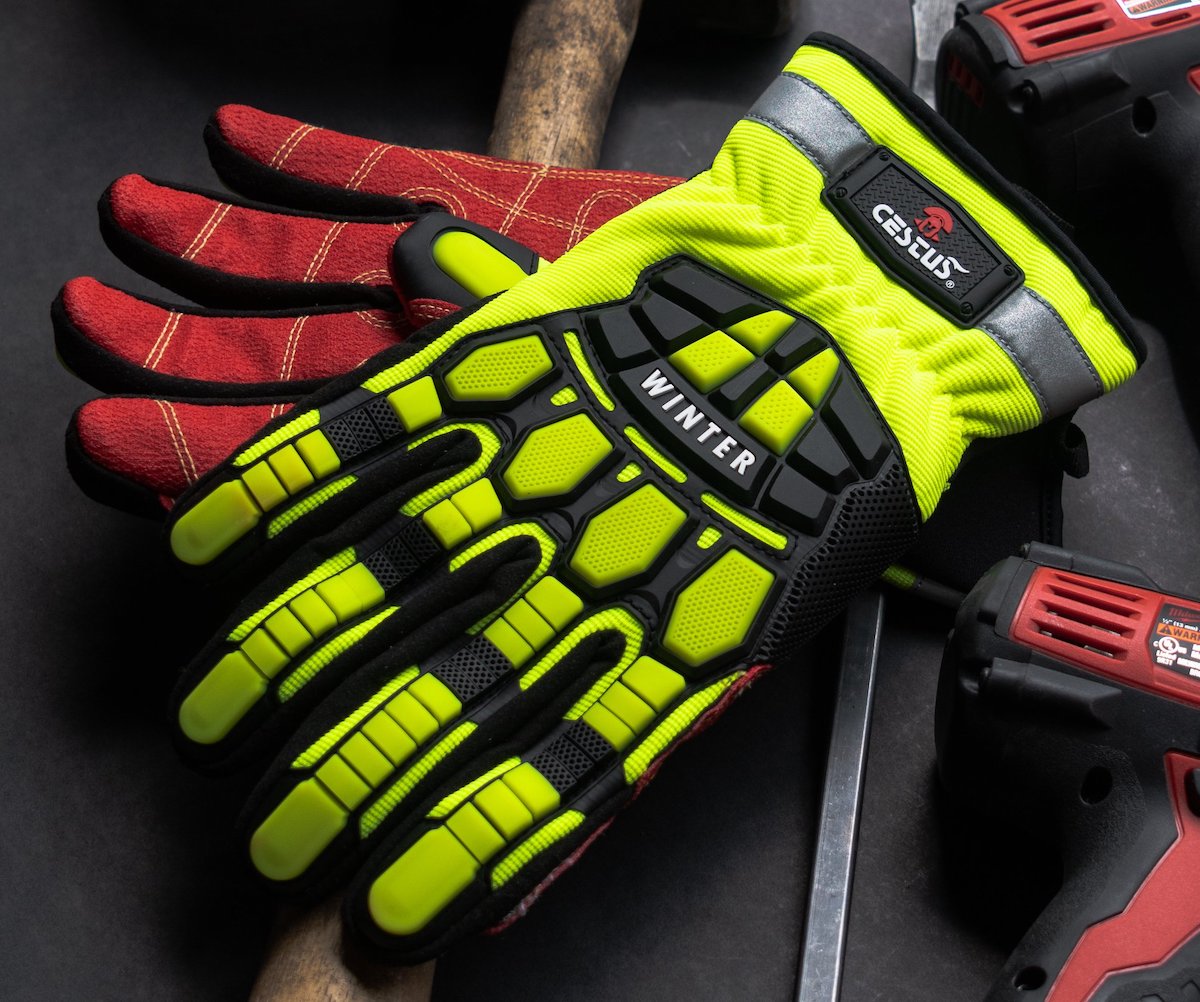 high visibility gloves in red and fluorescent yellow