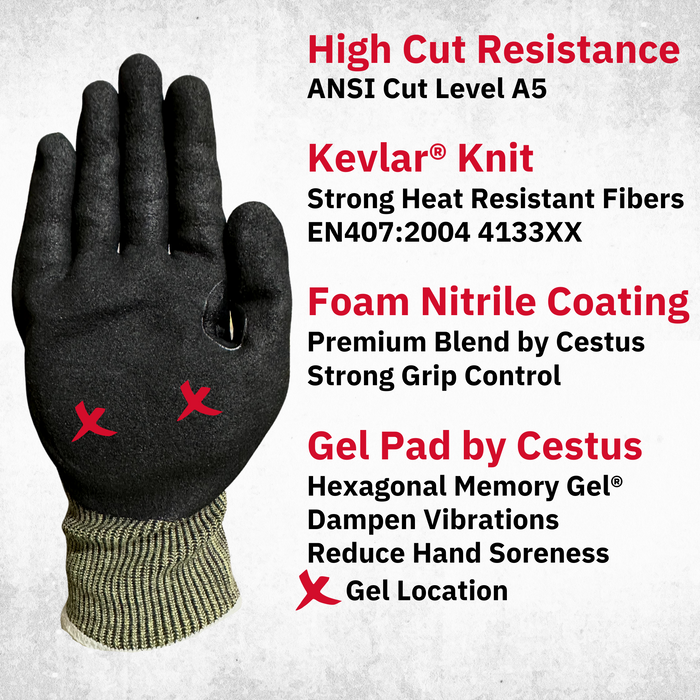 Brutus® FR, 3004. Kevlar® Knit, Foam Nitrile Coated, Gel Padded Palm, 13 Gauge, Cut Level A5