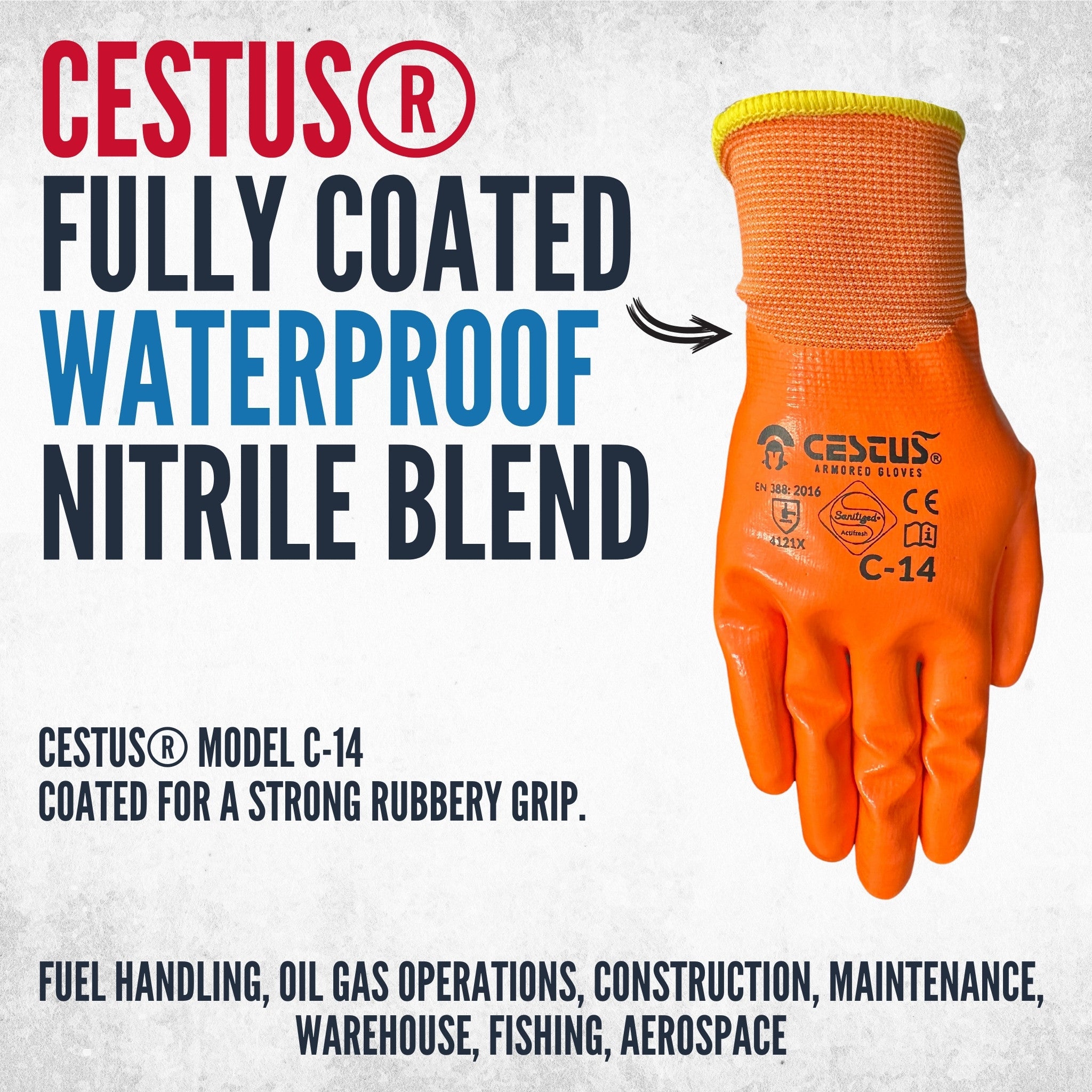 C-14, Full Dip Nitrile Coated Gloves, Hivis Orange — Cestus