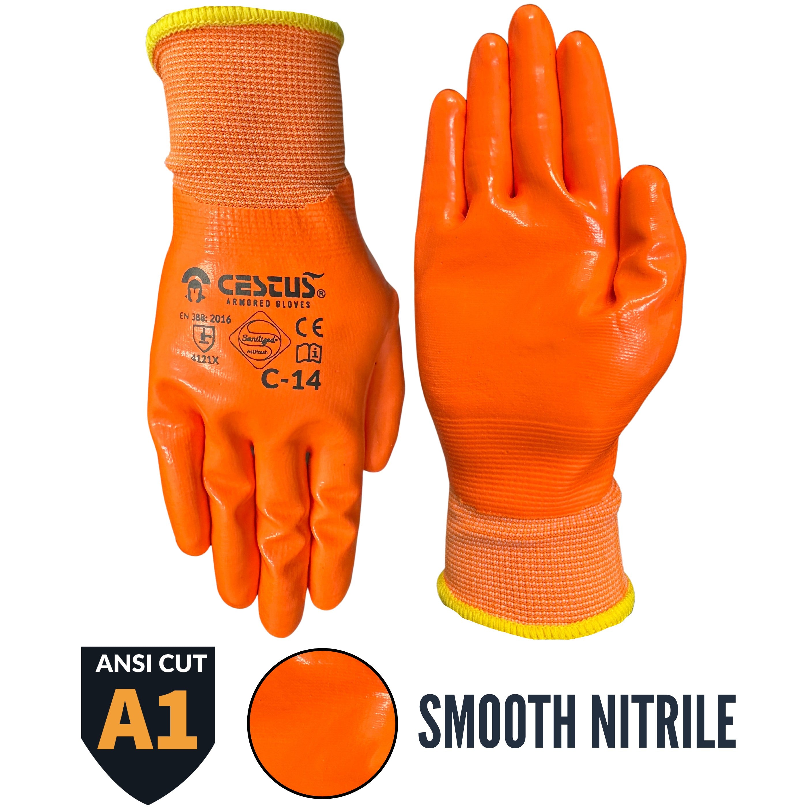 C-14, Full Dip Nitrile Coated Gloves, Hivis Orange — Cestus